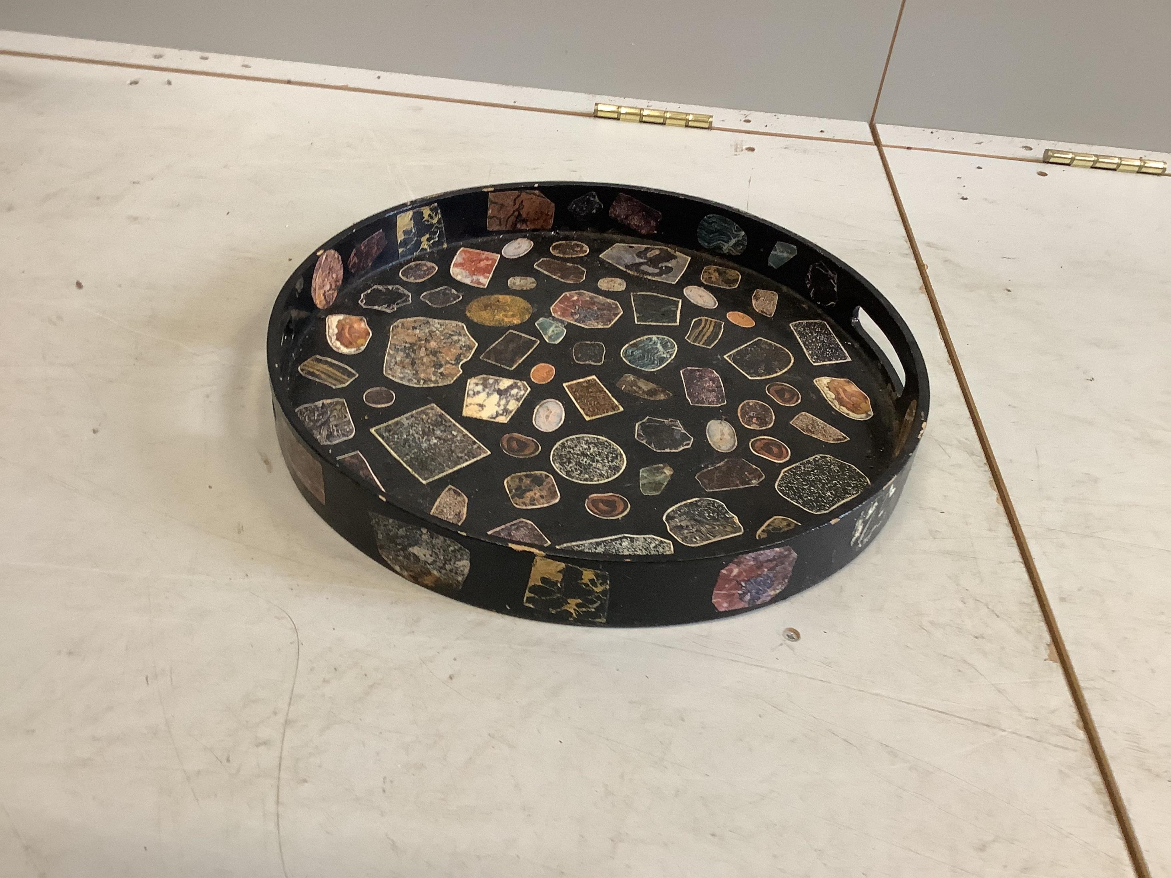 Julia Black, a decoupage butler's tray on folding stand, width 58cm, height 78cm, together with a circular tray. Condition - fair